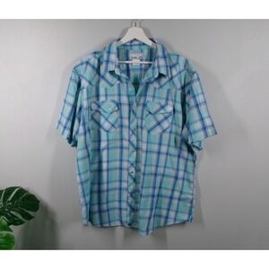 WRANGLER Shirt Mens Size XXL Wrancher Blue Plaid Short Sleeve Pearl Snap (Faded)